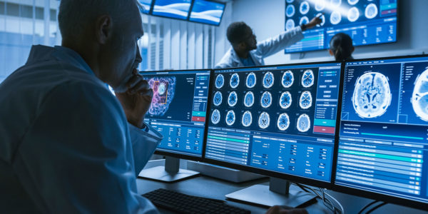 man looking at brain scans on several monitors