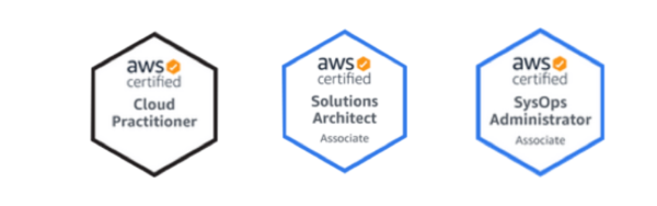 aws certified badges - cloud practitioner, solutions architect, sysops administrator